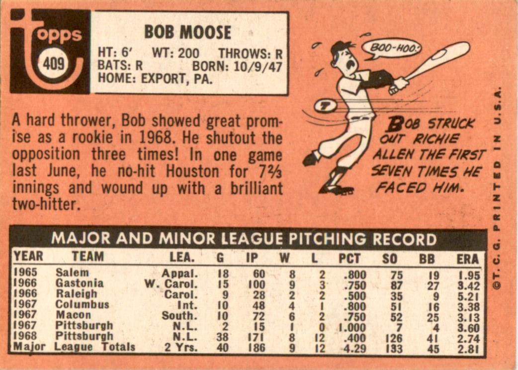 1969 Topps #409 Bob Moose Pittsburgh Pirates VG-EX