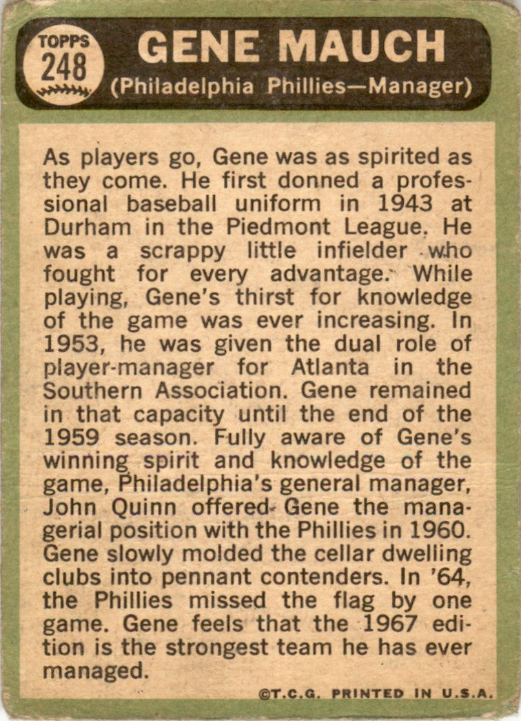 1967 Topps #248 Gene Mauch Philadelphia Phillies FR