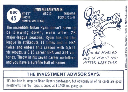 1992 Baseball Cards Magazine '70 Topps Replicas #45 Nolan Ryan Texas Rangers