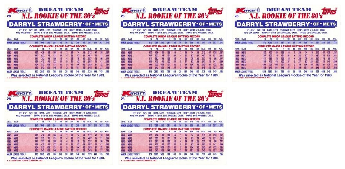 (5) 1989 Topps K-Mart Dream Team Baseball #28 Darryl Strawberry Lot Mets