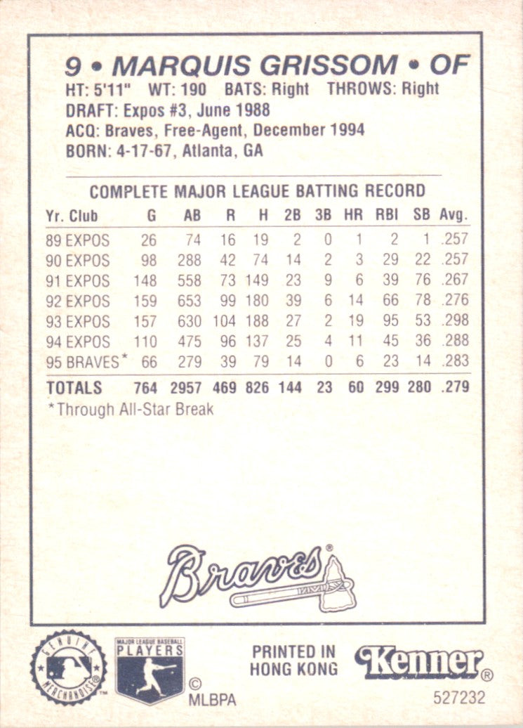 1996 Kenner Starting Lineup Card Marquis Grissom Atlanta Braves