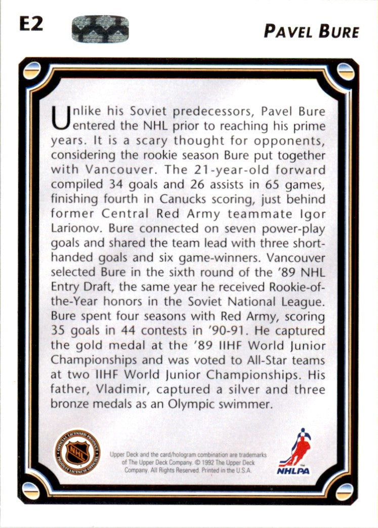 1992 Upper Deck Euro Stars #E2 Pavel Bure Vancouver Canucks