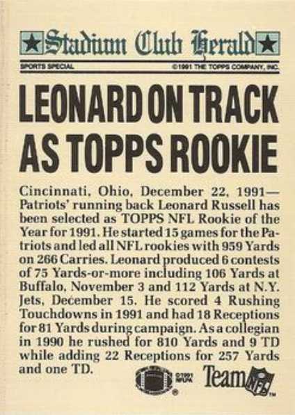 1991 Stadium Club Members Only #NNO Leonard Russell New England Patriots