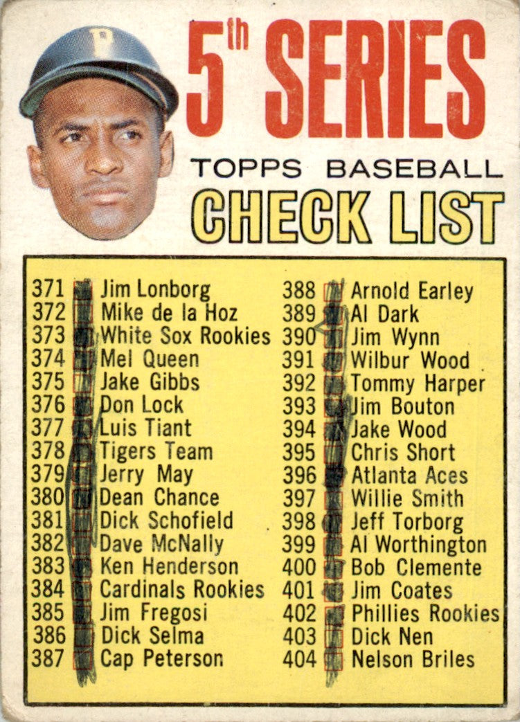 1967 Topps #361 Checklist 371-457 - Roberto Clemente Pirates PR