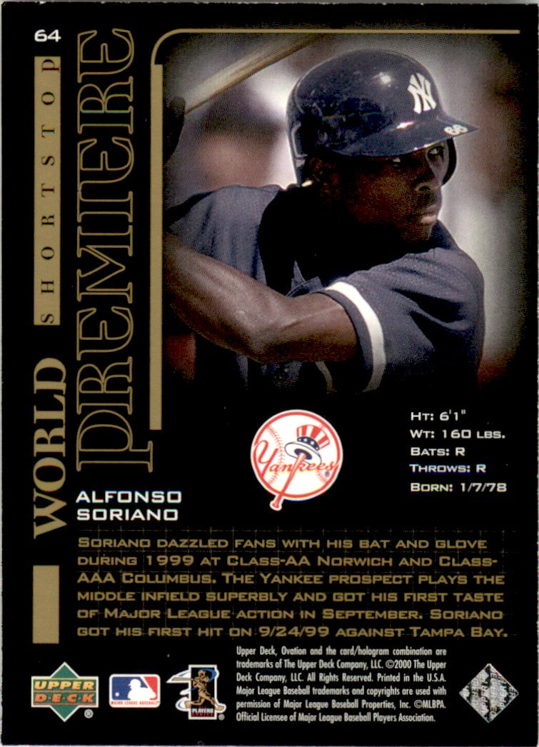 2000 Upper Deck Ovation World Premiere #64 Alfonso Soriano New York Yankees