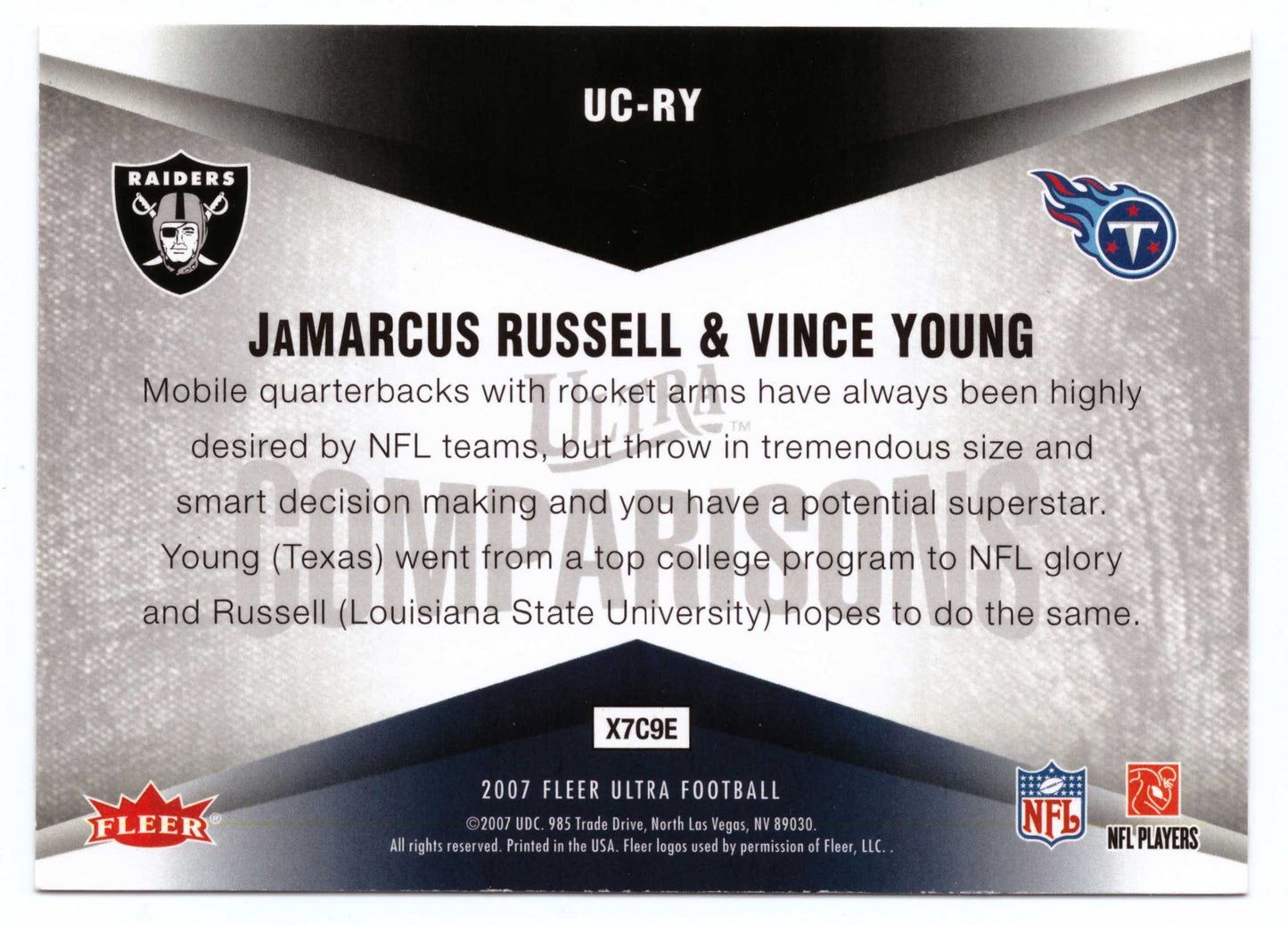 2007 Ultra Comparisons #UC-RY JaMarcus Russell / Vince Young Raiders Titans