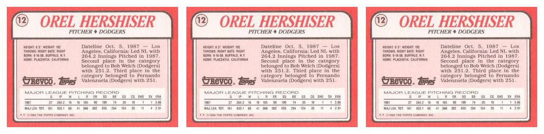 (3) 1988 Topps Revco League Leaders Baseball #12 Orel Hershiser Lot Dodgers