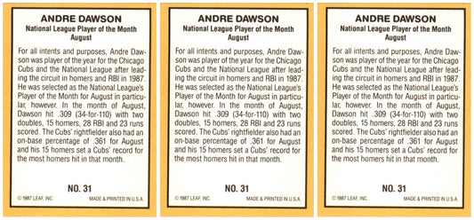 (3) 1987 Donruss Highlights #31 Andre Dawson Chicago Cubs Card Lot