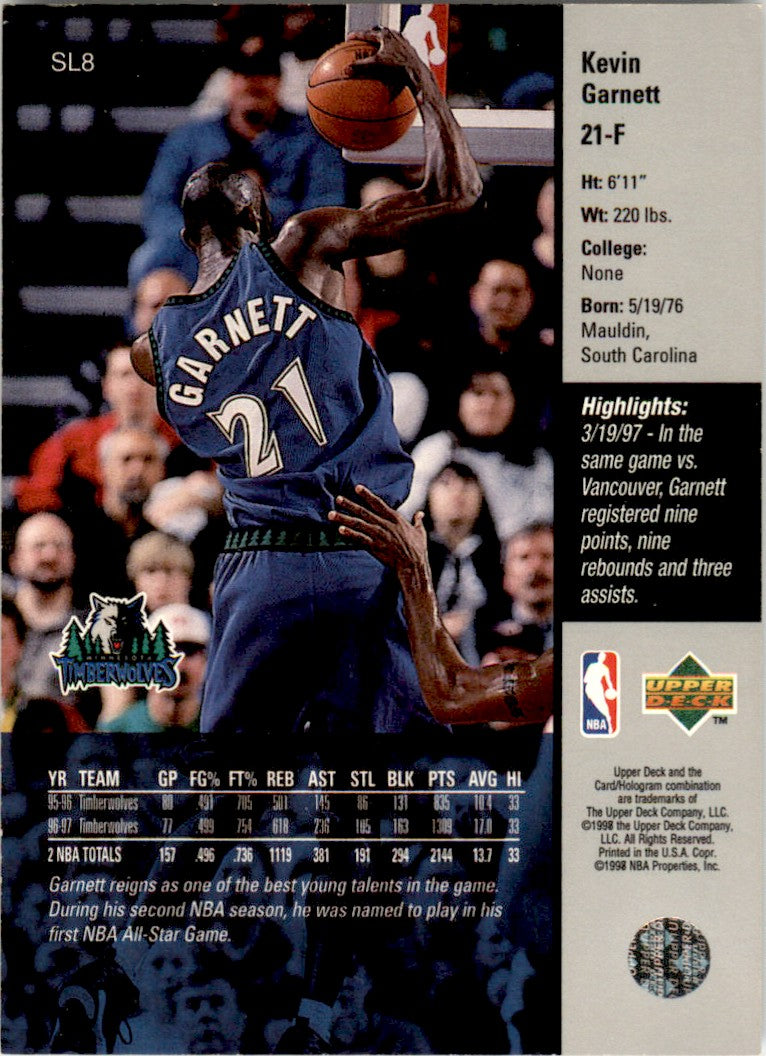 1998 Kenner Starting Lineup Card SL8 Kevin Garnett Minnesota Timberwolves