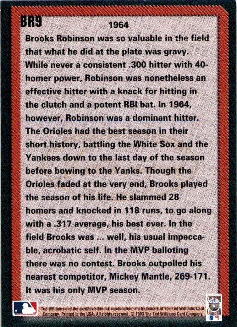 1993 Ted Williams Brooks Robinson #BR9A Brooks Robinson Baltimore Orioles