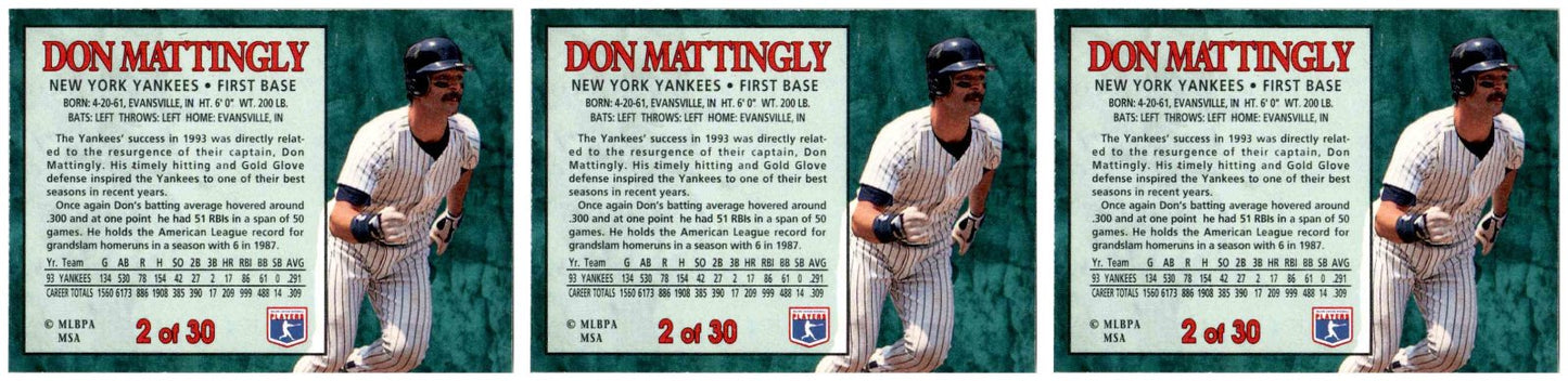 (3) 1994 Post Cereal Baseball #2 Don Mattingly Yankees Baseball Card Lot