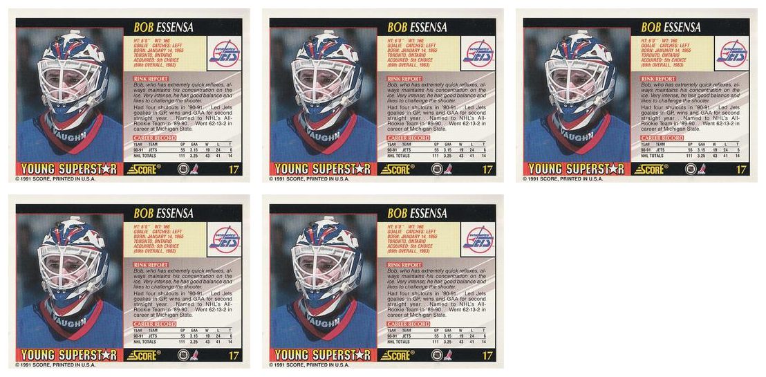 (5) 1991-92 Score Young Superstars Hockey #17 Bob Essensa Card Lot Jets