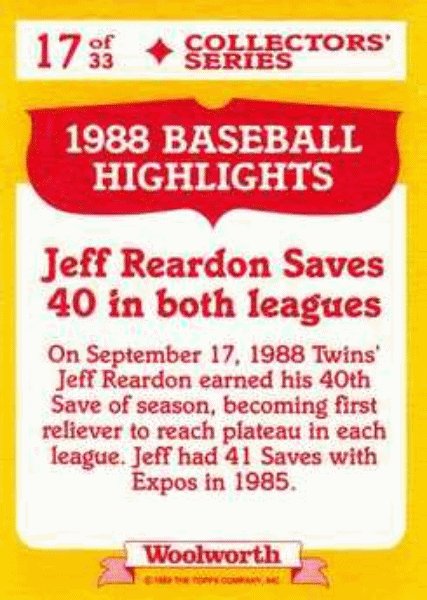 1989 Topps Woolworth Baseball Highlights Baseball 17 Jeff Reardon