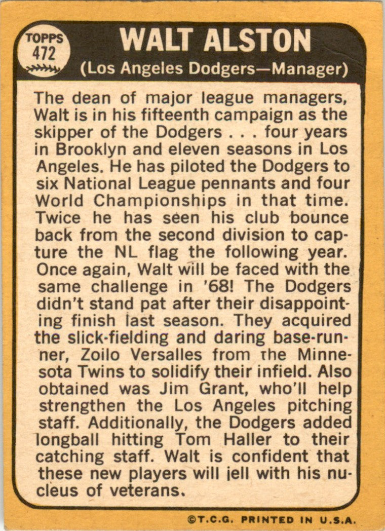 1968 Topps #472 Walt Alston Los Angeles Dodgers GD+