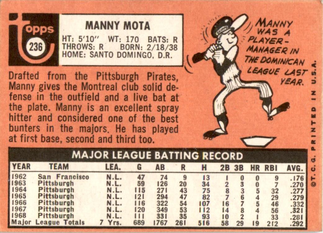 1969 Topps #236 Manny Mota Montreal Expos GD+