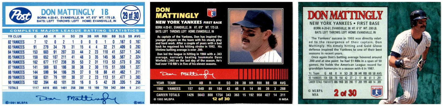 1991, 1993 & 1994 Post Cereal Baseball Don Mattingly Yankees Baseball Card Lot