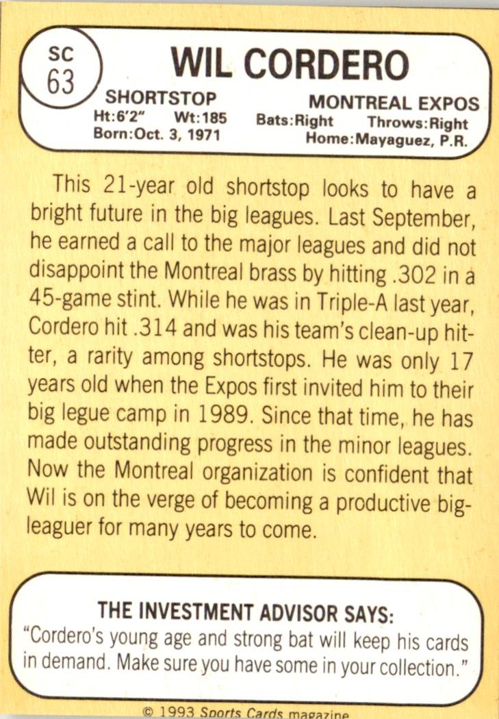 1993 Baseball Card Magazine '68 Topps Replicas #SC63 Wil Cordero Expos