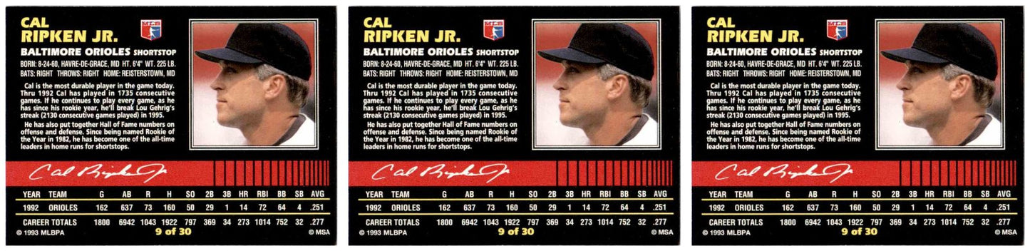 (3) 1993 Post Cereal Baseball #9 Cal Ripken Jr. Orioles Baseball Card Lot
