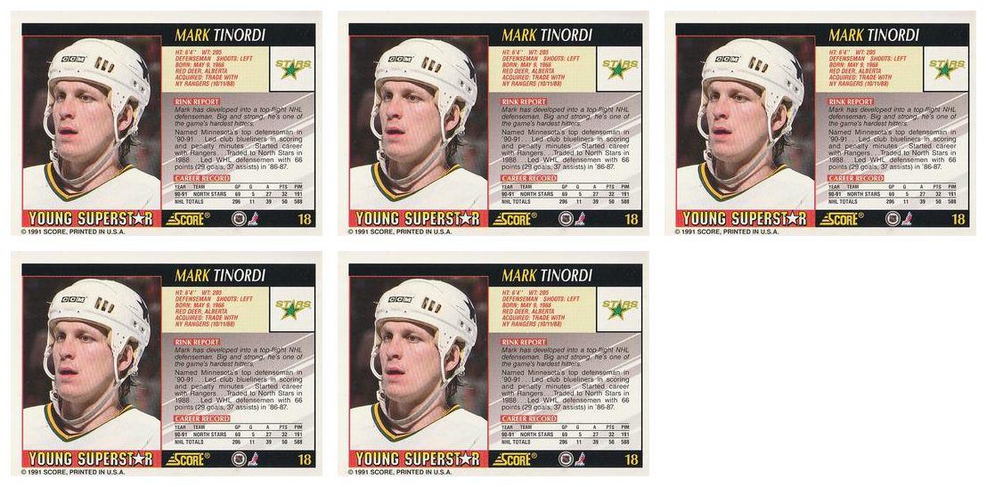 (5) 1991-92 Score Young Superstars Hockey #18 Mark Tinordi Card Lot North Stars