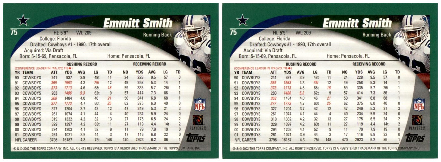 (2) 2002 Topps #75 Emmitt Smith Dallas Cowboys Card Lot