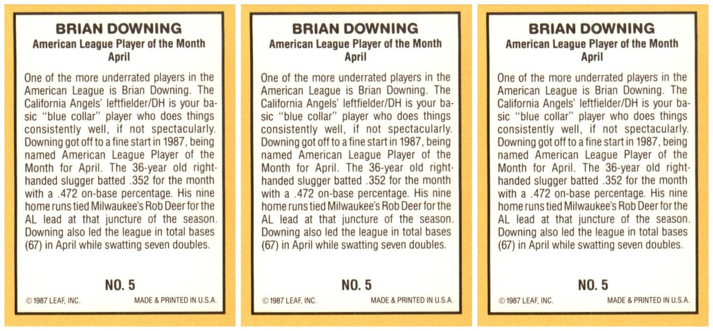 (3) 1987 Donruss Highlights #5 Brian Downing California Angels Card Lot