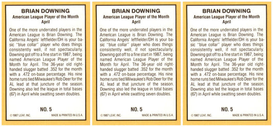 (3) 1987 Donruss Highlights #5 Brian Downing California Angels Card Lot