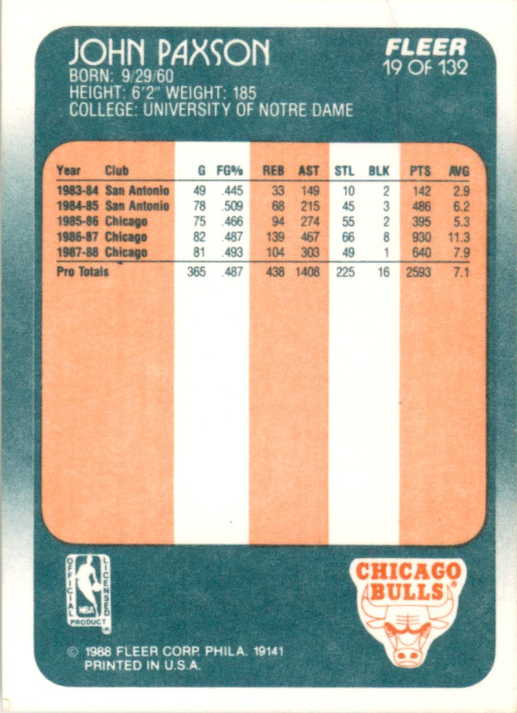 1988 Fleer #19 John Paxson Chicago Bulls