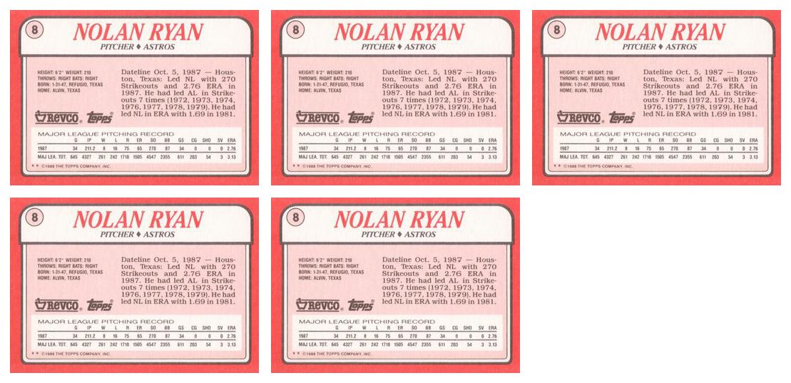 (5) 1988 Topps Revco League Leaders Baseball #8 Nolan Ryan Lot Houston Astros
