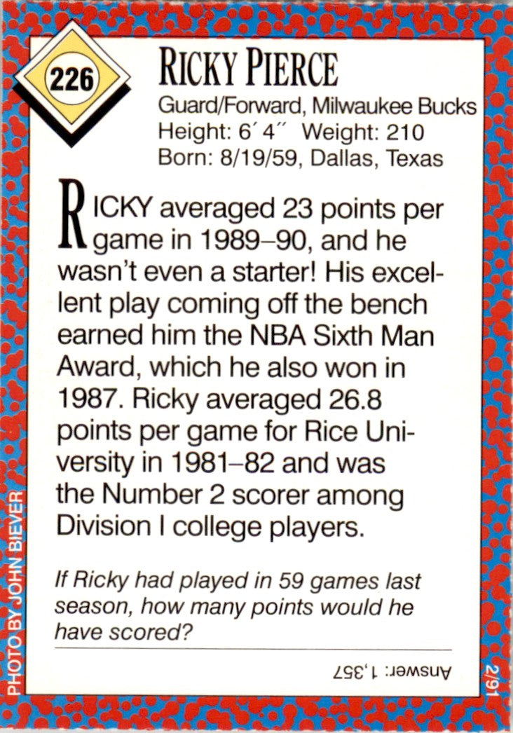 1991 Sports Illustrated for Kids #226 Ricky Pierce Milwaukee Bucks