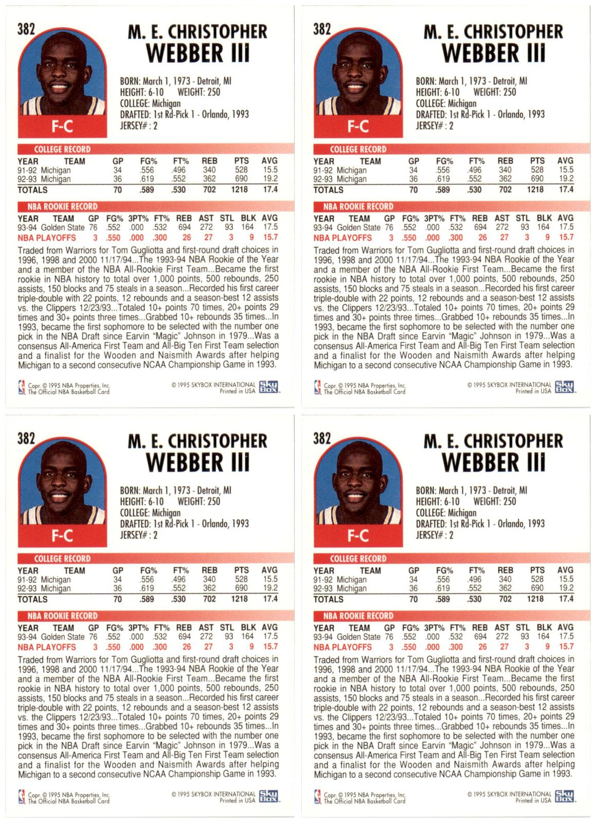 (4) 1994 Hoops #382 Chris Webber Washington Bullets Card Lot