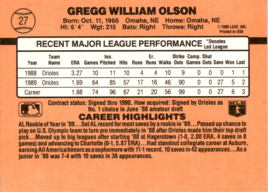 1990 Donruss Learning Series #27 Gregg Olson Baltimore Orioles