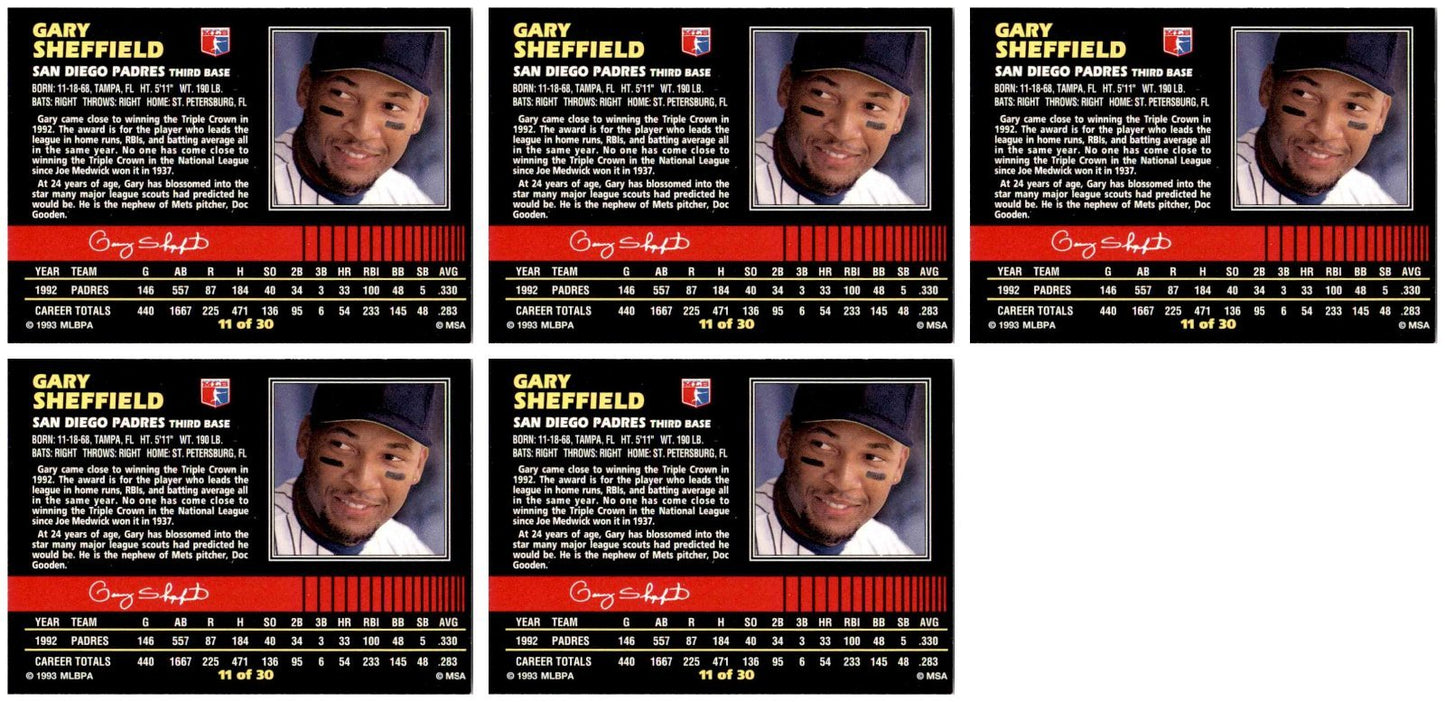 (5) 1993 Post Cereal Baseball #11 Gary Sheffield Padres Baseball Card Lot