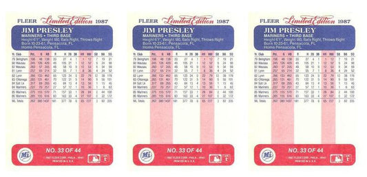 (3) 1987 Fleer Limited Edition Baseball #33 Jim Presley Lot Seattle Mariners