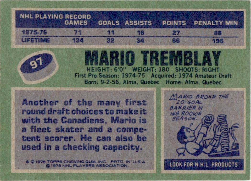 1976 Topps #97 Mario Tremblay Montreal Canadiens EX