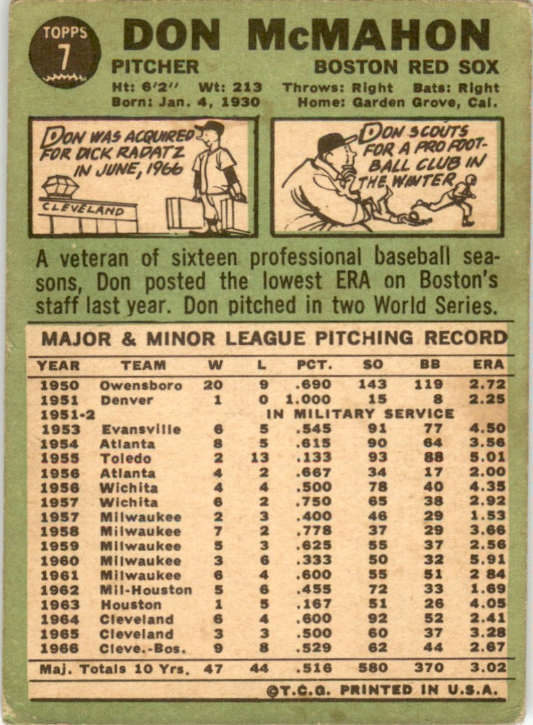 1967 Topps #7 Don McMahon Boston Red Sox GD+