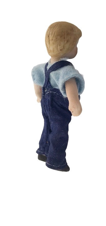 Bisque Boy Vintage 3" Doll with Blue Overalls Wire Jointed