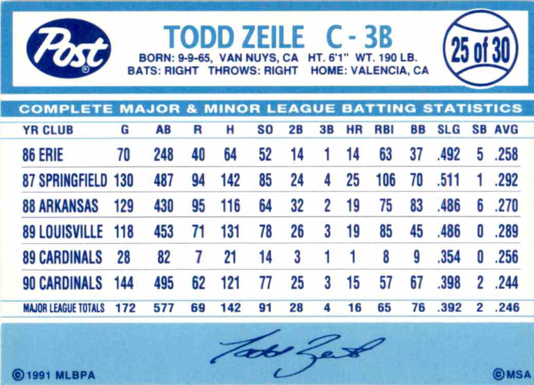 1991 Post Cereal Baseball #25 Todd Zeile St. Louis Cardinals