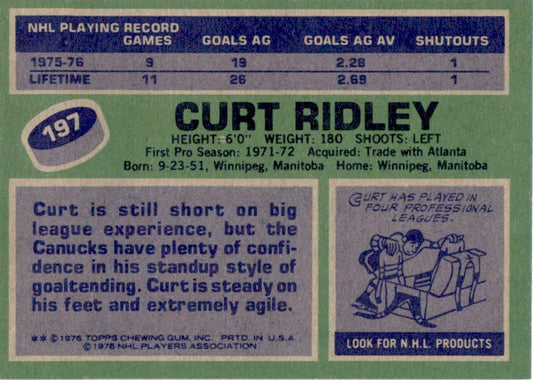 1976 Topps #197 Curt Ridley RC Vancouver Canucks EX