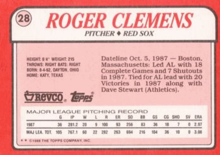1988 Topps Revco League Leaders Baseball 28 Roger Clemens
