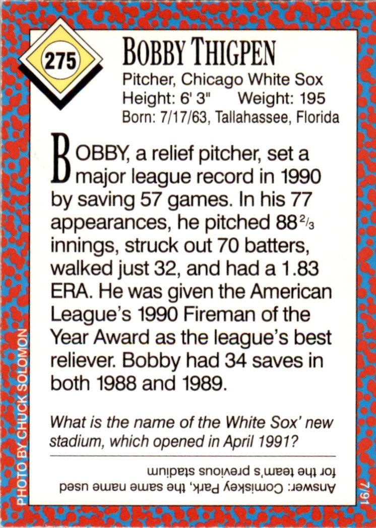 1991 Sports Illustrated for Kids #275 Bobby Thigpen Chicago White Sox
