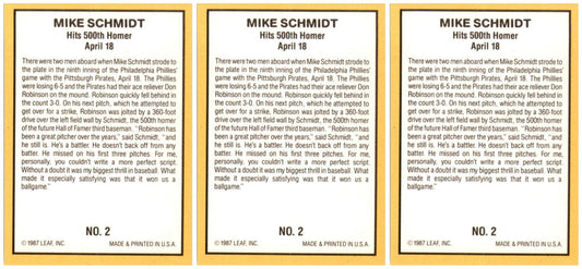 (3) 1987 Donruss Highlights #2 Mike Schmidt Philadelphia Phillies Card Lot