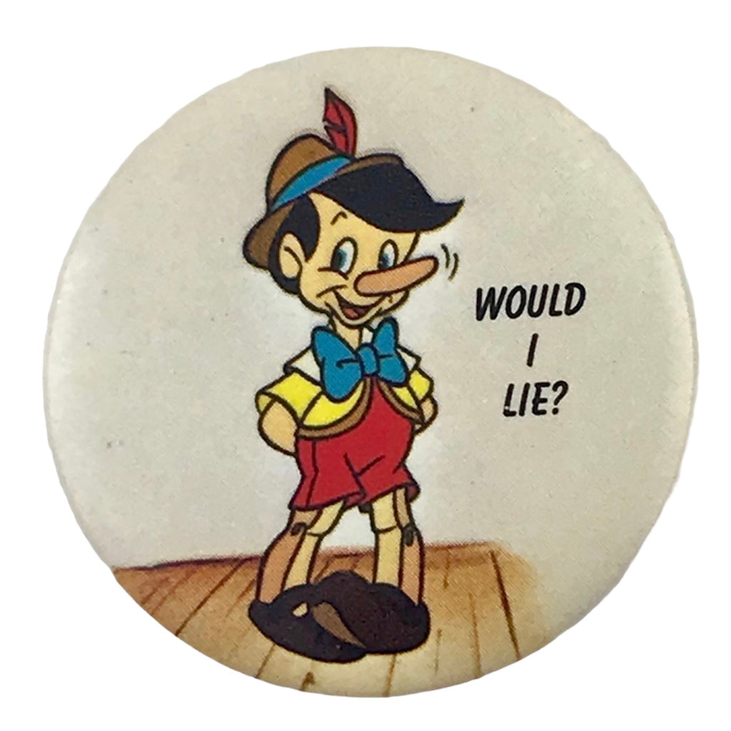 Disney's Pinocchio Would I Lie? 1.5 Inch Vintage Pinback Button 1987