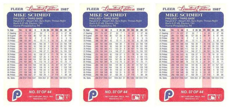 (3) 1987 Fleer Limited Edition Baseball #37 Mike Schmidt Lot Phillies