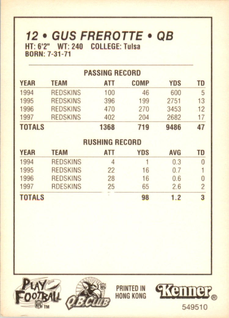 1998 Kenner Starting Lineup Card Gus Frerotte Washington Football Team