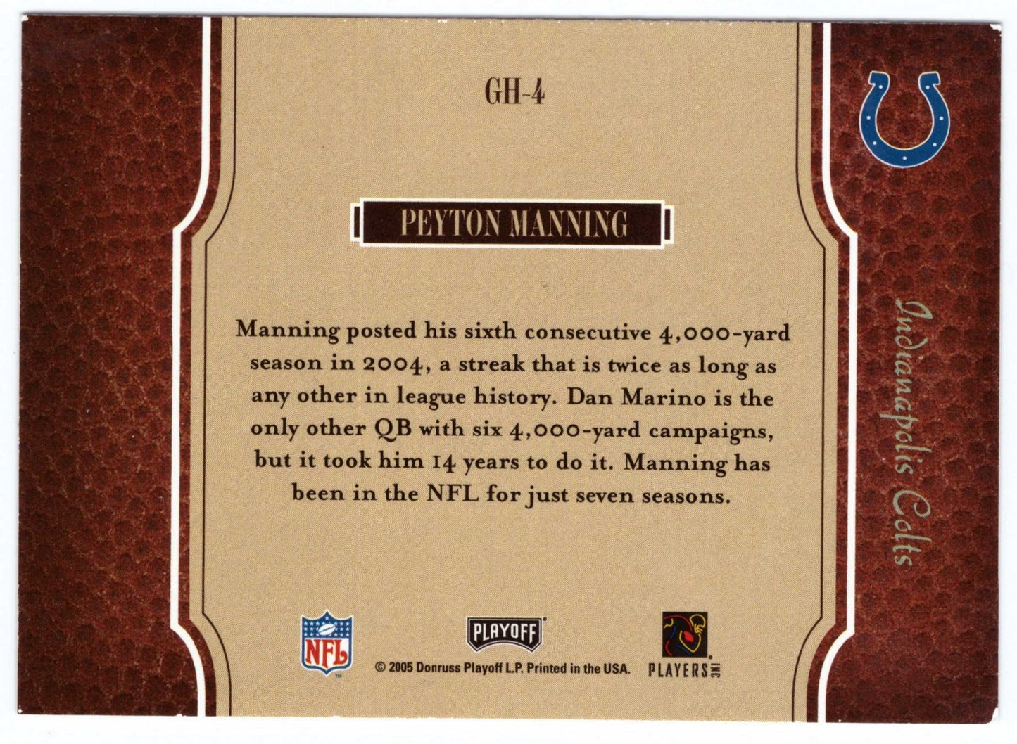 2005 Playoff Prestige Gridiron Heritage #GH-4 Peyton Manning Colts