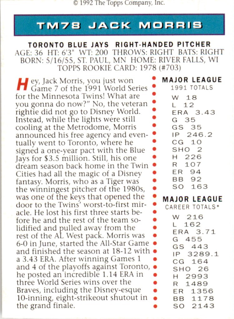 1992 Topps Magazine # TM78 Jack Morris Toronto Blue Jays