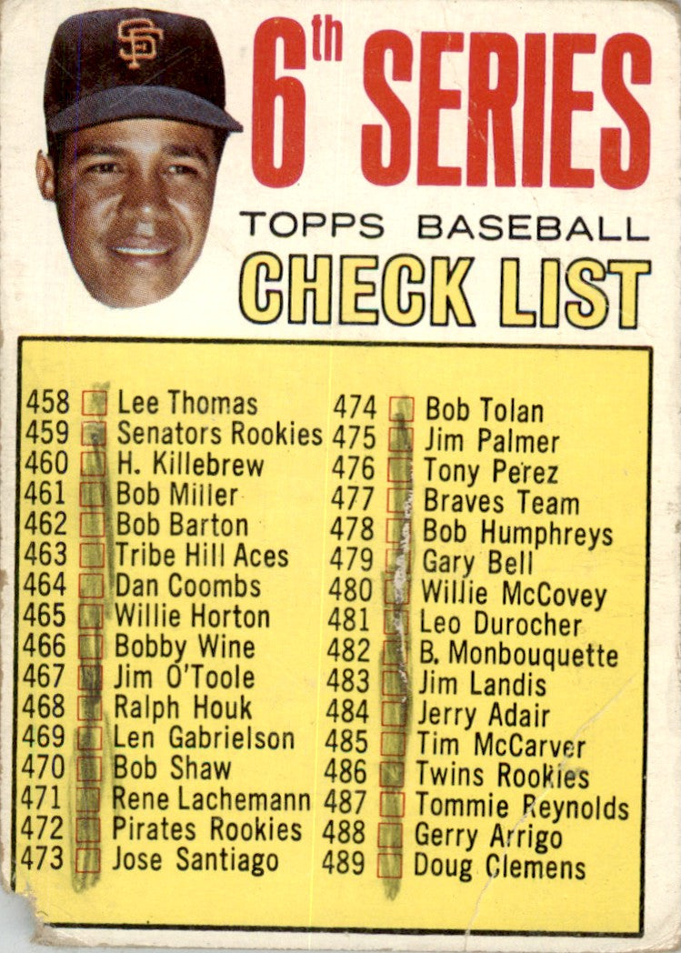 1967 Topps #454 Checklist 458-533 Juan Marichal San Francisco Giants PR
