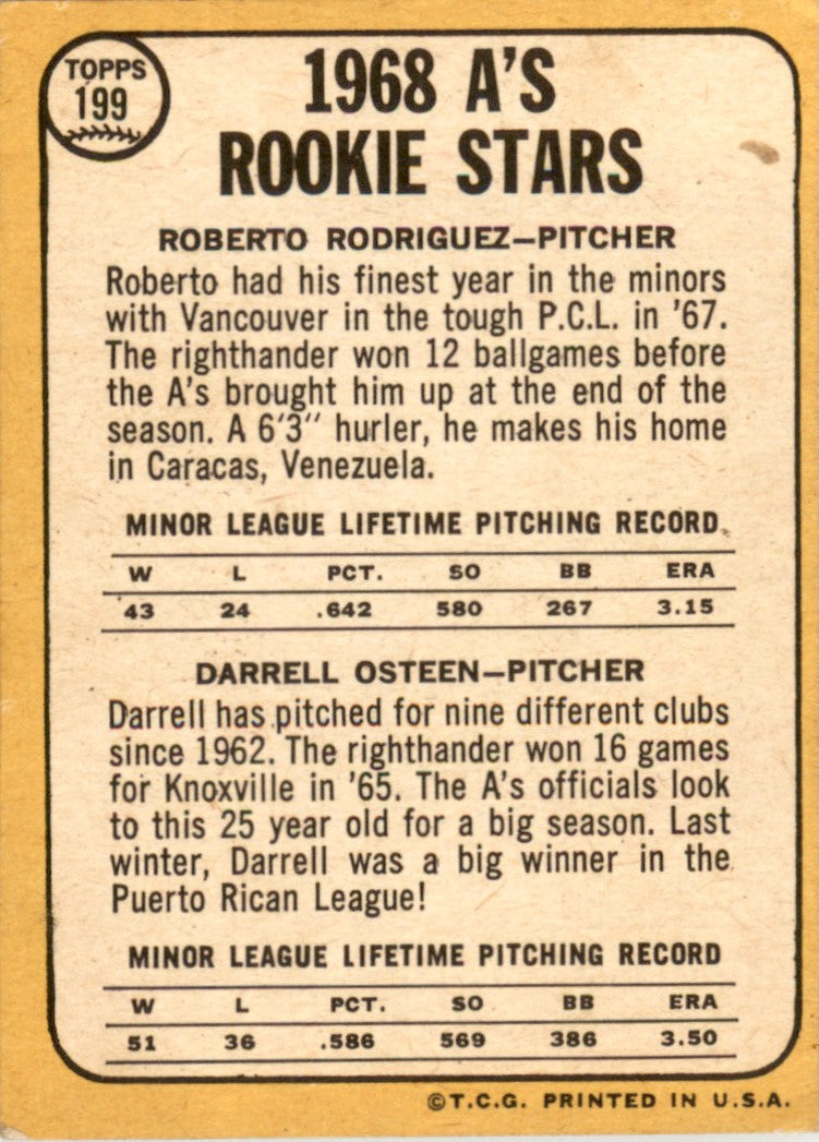 1968 Topps #199 Roberto Rodriguez / Darrell Osteen RC Oakland Athletics GD