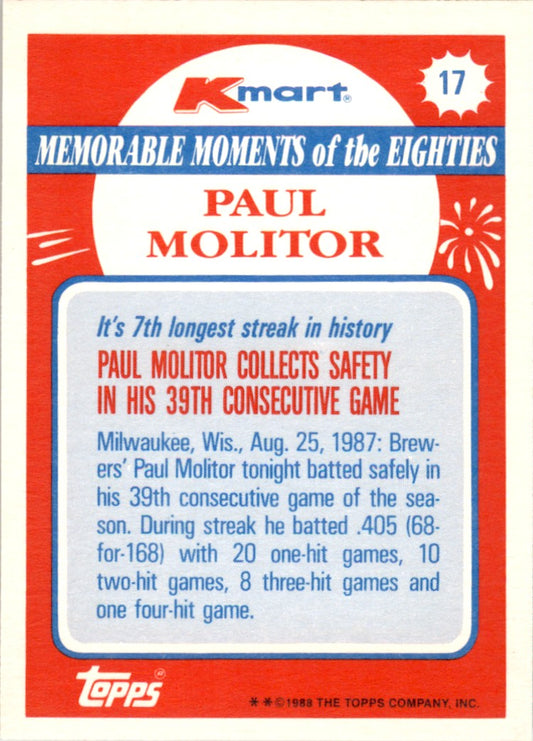1988 Topps Kmart Memorable Moments #17 Paul Molitor Milwaukee Brewers