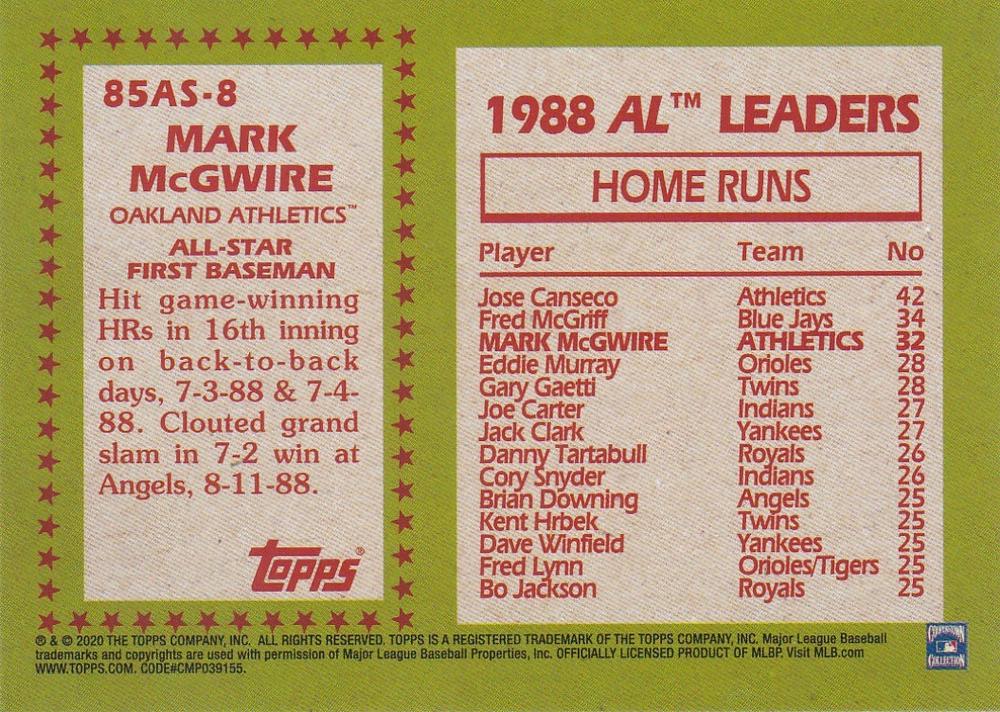 2020 Topps 1985 Topps 35th Anniversary All-Stars #85AS-8 Mark McGwire